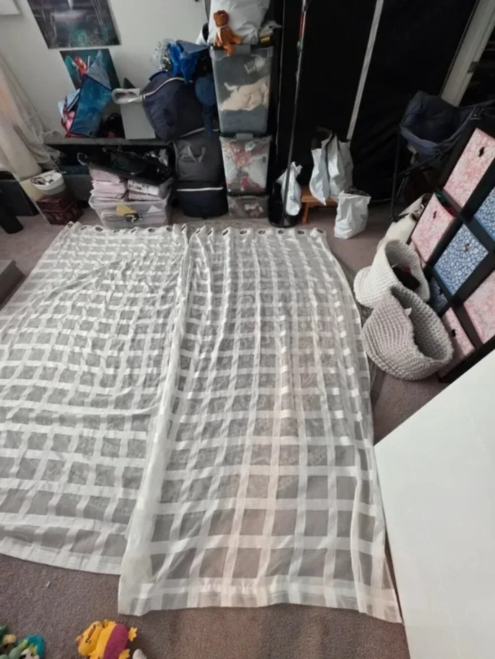 54x92. Sheer plaid jacquard fabric curtain panels, cream  with grid pattern